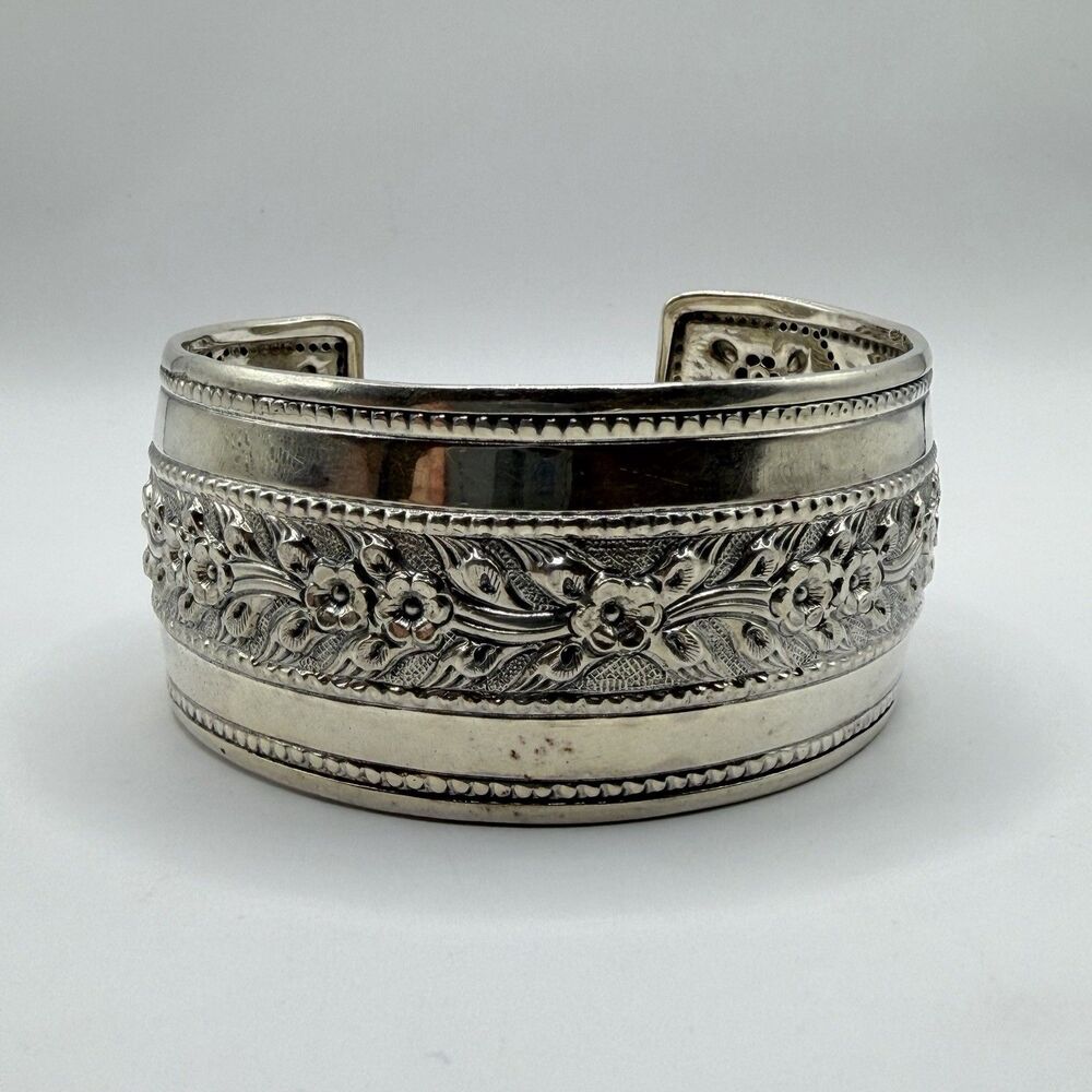 925 Sterling Silver Wide Floral Embossed Cuff Bracelet 8.5" Heavy 39g